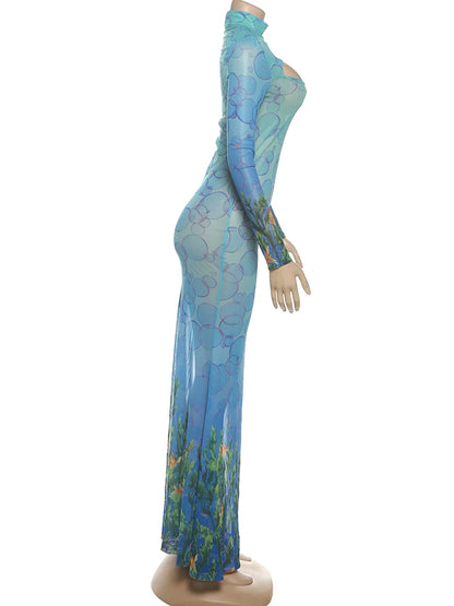 kliou Mesh Panelled Women Maxi Dress Sexy Stunning Point Print Full Sleeve O-neck Sheath Robe Mujer Hipster Festival Party Frock - Prolificstore
