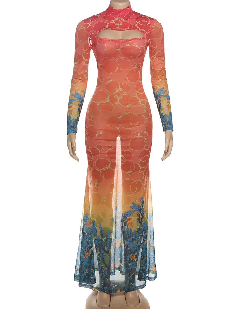 kliou Mesh Panelled Women Maxi Dress Sexy Stunning Point Print Full Sleeve O-neck Sheath Robe Mujer Hipster Festival Party Frock - Prolificstore