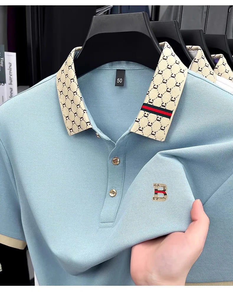 Luxury brand B letter embossed short sleeve polo shirt men summer lightweight breathable new fashion color blocked lapel T-shirt - Prolificstore