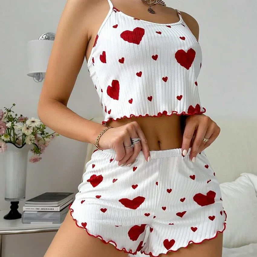 Women's Pajamas Set Sleepwear 2 PCS Short Tank Tops And Shorts S M L White Ventilate Soft Casual Love Printing - Prolificstore
