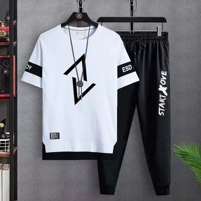 Hot selling new men's casual sports set fashionable and trendy printed versatile round neck T-shirt+sports pants two-piece set - Prolificstore