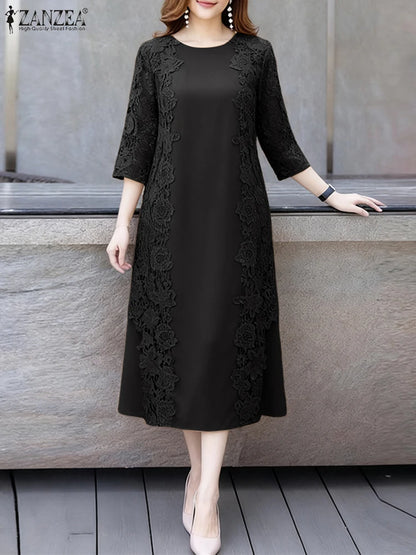 ZANZEA Women Stylish Lace Patchwork Dresses 2025 Autumn 3/4 Sleeve Office Sundress Embroidered Midi Robe Elegant Party Dress - Prolificstore
