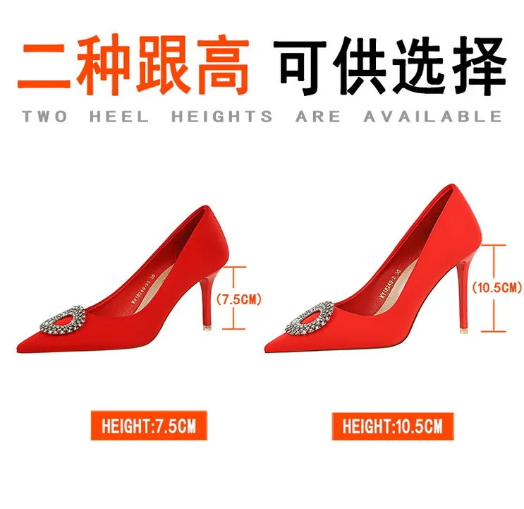 2025 New Shallow Mouth Women's Pumps Fashion Satin Rhinestone Round Buckle Stiletto Solid Color Pointed Sexy Ladies Single Shoes