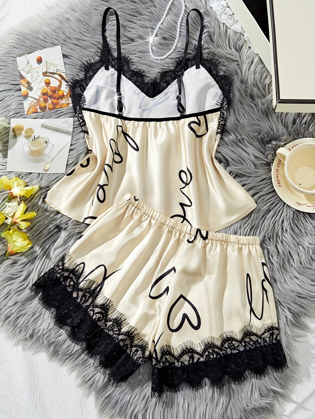 Women‘s Milk Silk Pajamas Set Summer Sleeveless Yellow Heart Print Lace Trim Soft Summer Sleepwear Lounge Sets Nightwear - Prolificstore