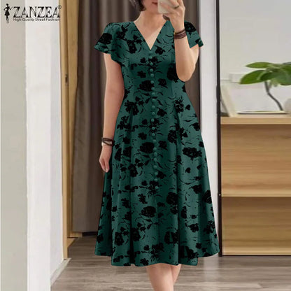 ZANZEA Summer OL Work Ruffle Sleeve Women Midi Dress  Casual Floral Print A-line Vestidos V Neck Waist Party Sundress Oversized - Prolificstore