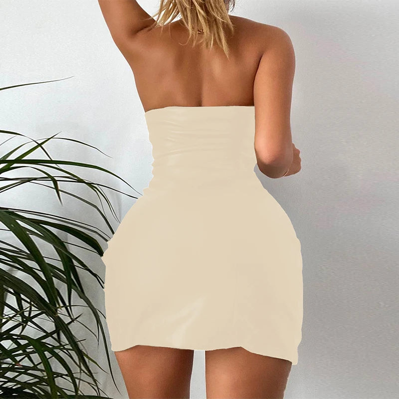 Hugcitar Pu Faux Leather Tube Mini Dress For Women Bodycon Sexy Streetwear Party Club Y2K Clothing Outfits Festival - Prolificstore