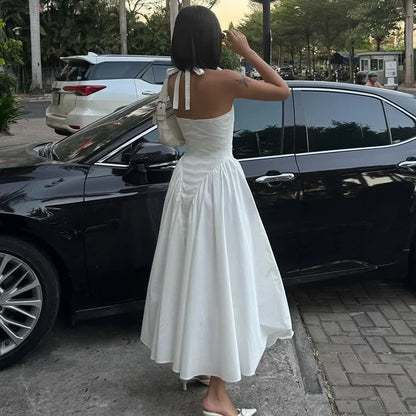 Talenza Backless Deep V Spliced Long Dress Summer Women's Sexy Party Dress Halter New Fashion Slim White Sleeveless Long Dress