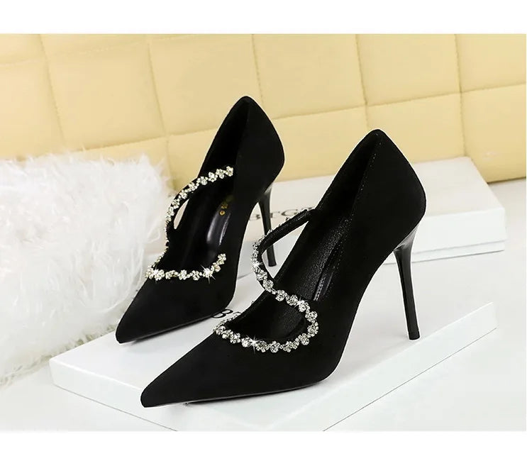 Gorgeous Women's Pumps Rhinestone Chain One Word Strap Design Fashion  Angola Red 10cm High Heels Ladies Nightclub Single Shoes - Prolificstore