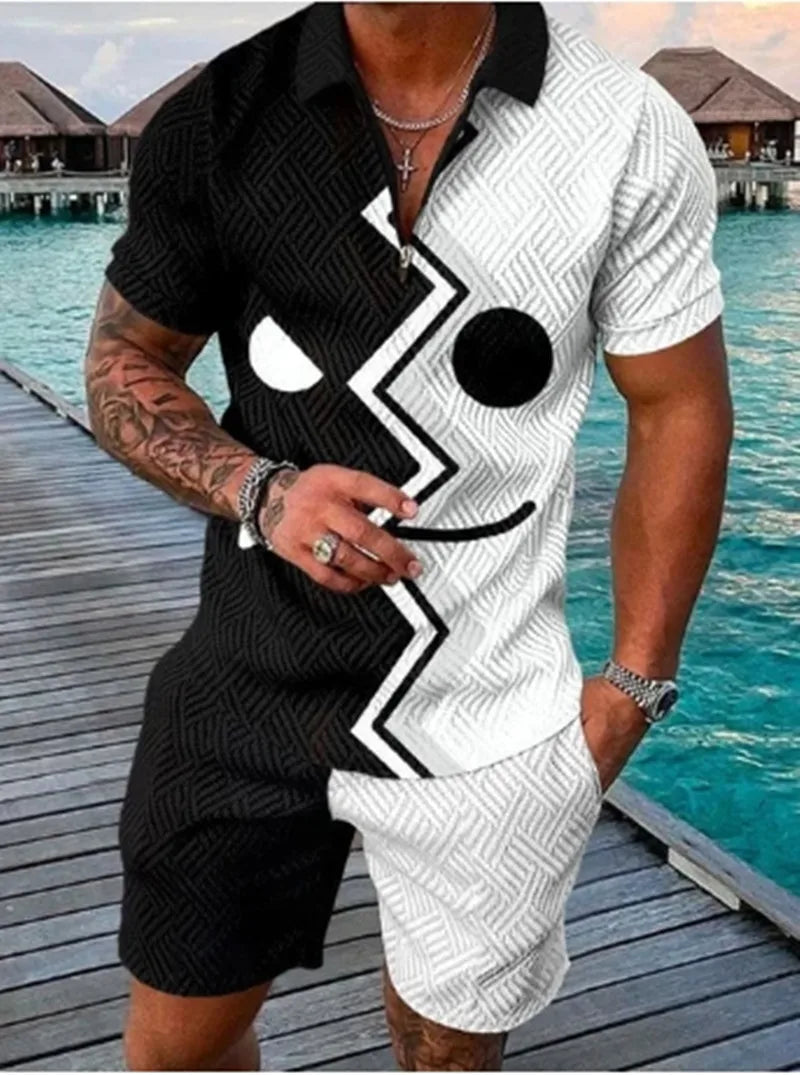 Summer New Men's 3D Printing Short Sleeve Zipper Polo Shirt Shorts Set  Men Casual  2-piece Vacation Beach Set - Prolificstore