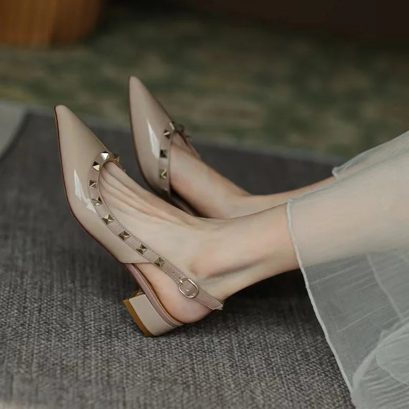 Women Real Leather Shiny Back Buckle Strap Fashionable Sandals European And American Style Trendy Shoes Closed Toe Gold Studs 42