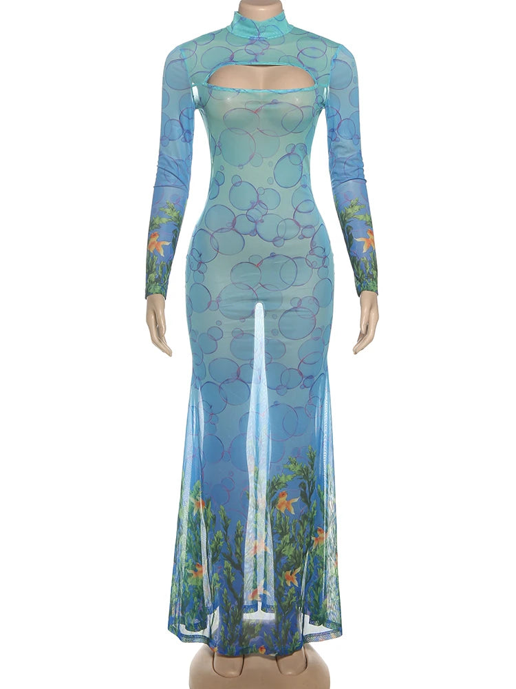 kliou Mesh Panelled Women Maxi Dress Sexy Stunning Point Print Full Sleeve O-neck Sheath Robe Mujer Hipster Festival Party Frock - Prolificstore