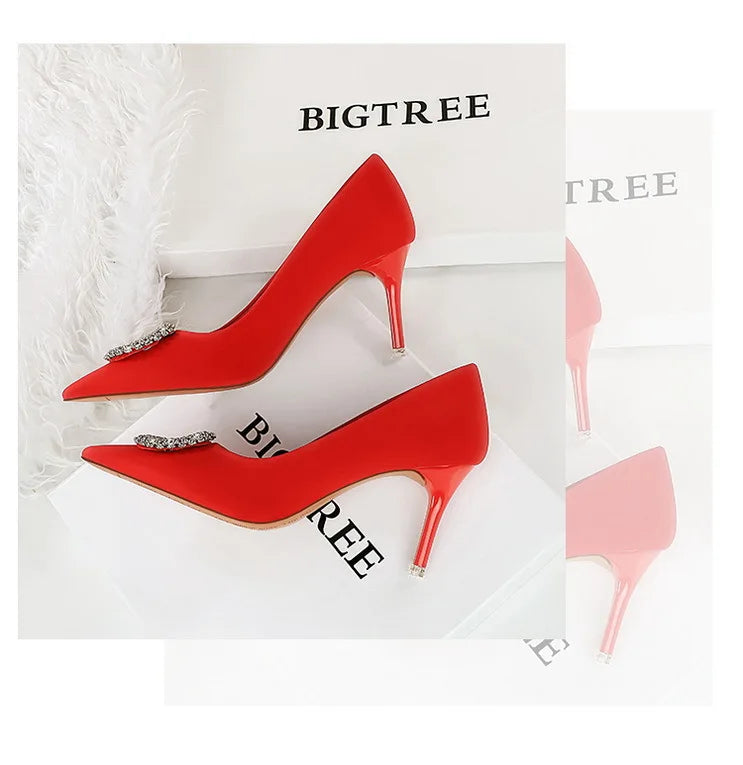 2025 New Shallow Mouth Women's Pumps Fashion Satin Rhinestone Round Buckle Stiletto Solid Color Pointed Sexy Ladies Single Shoes