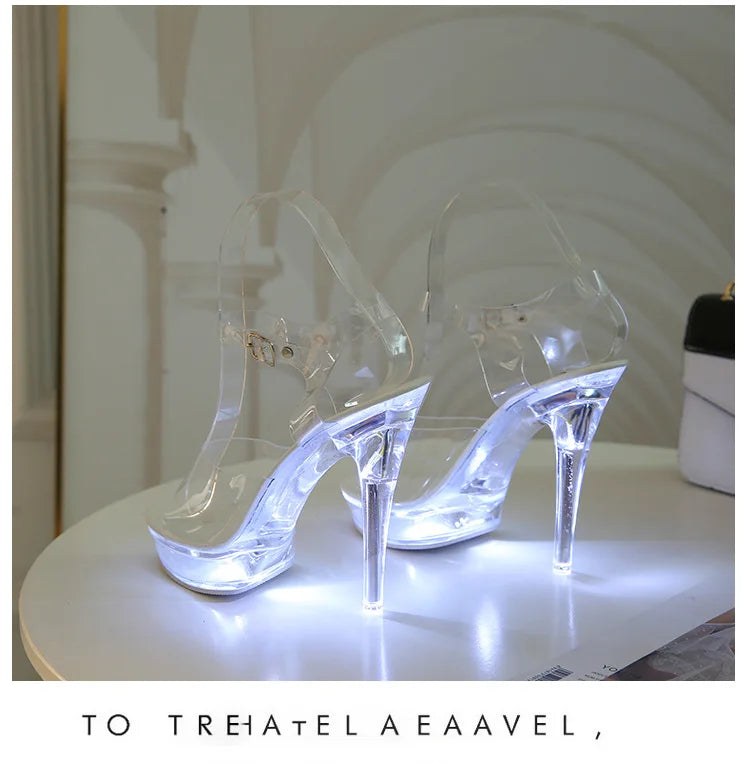 Summer Led Illuminated Women Slippers Super High Heel 13cm Crystal Ankle Buckle Sandals Transparent Platform Female Party Shoes