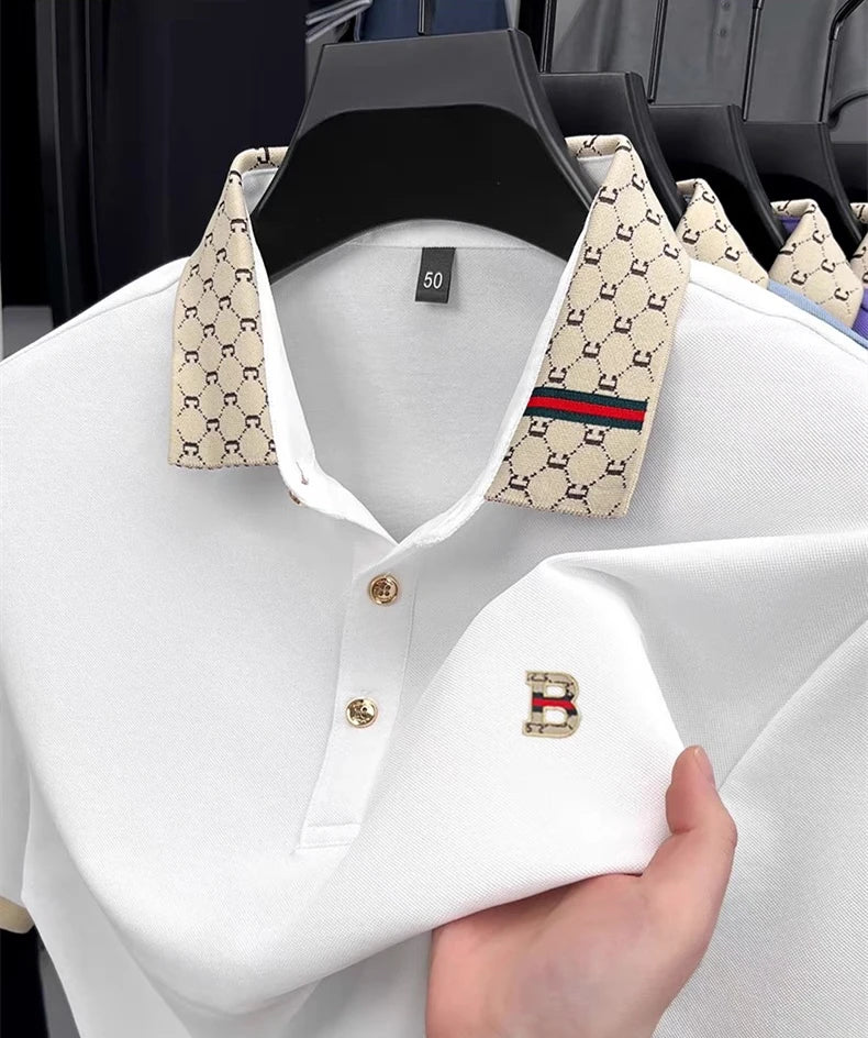 Luxury brand B letter embossed short sleeve polo shirt men summer lightweight breathable new fashion color blocked lapel T-shirt - Prolificstore