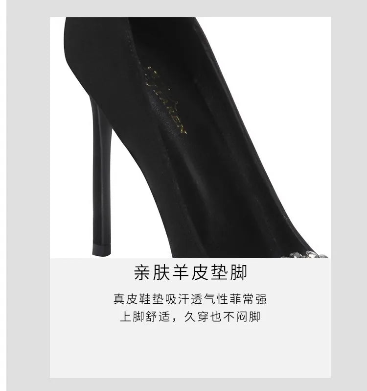 Black Velvet Womens High Heels Elegant Stiletto Pointed Toe Cover Heel Round Flower Pumps Rhinestone Satin Spring Autumn Shoes