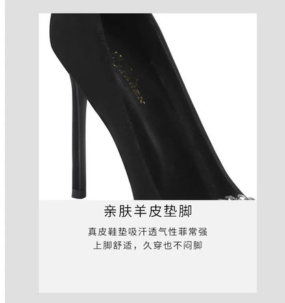 Black Velvet Womens High Heels Elegant Stiletto Pointed Toe Cover Heel Round Flower Pumps Rhinestone Satin Spring Autumn Shoes