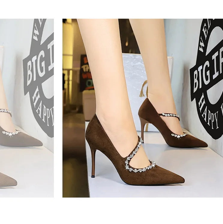 Gorgeous Women's Pumps Rhinestone Chain One Word Strap Design Fashion  Angola Red 10cm High Heels Ladies Nightclub Single Shoes - Prolificstore