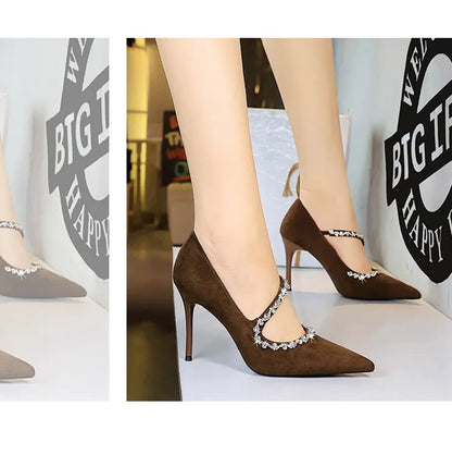 Gorgeous Women's Pumps Rhinestone Chain One Word Strap Design Fashion  Angola Red 10cm High Heels Ladies Nightclub Single Shoes - Prolificstore