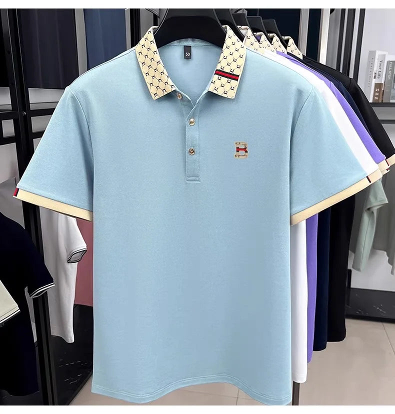 Luxury brand B letter embossed short sleeve polo shirt men summer lightweight breathable new fashion color blocked lapel T-shirt - Prolificstore