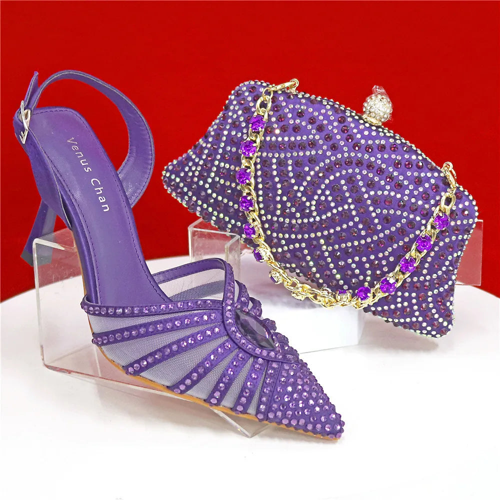 2025 Elegant Fruit Green Women's Green Heels and Rhinestone Handbag Set - Italian Design for Weddings and Parties
