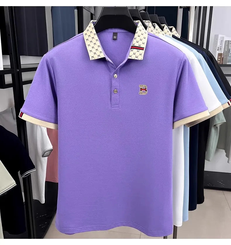 Luxury brand B letter embossed short sleeve polo shirt men summer lightweight breathable new fashion color blocked lapel T-shirt - Prolificstore
