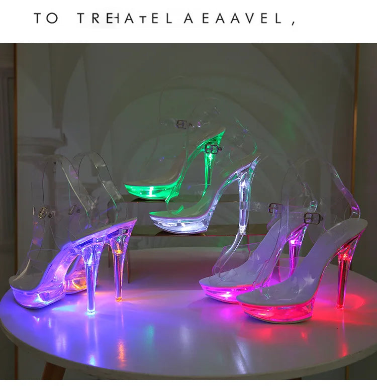 Summer Led Illuminated Women Slippers Super High Heel 13cm Crystal Ankle Buckle Sandals Transparent Platform Female Party Shoes