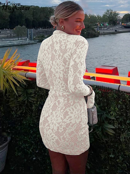 Hugcitar Turtleneck Long Flare Sleeve Patchwork Lace Hollow Out Button Sexy Mini Dress 2025 Spring Women Clothes Party Nightclub - Prolificstore