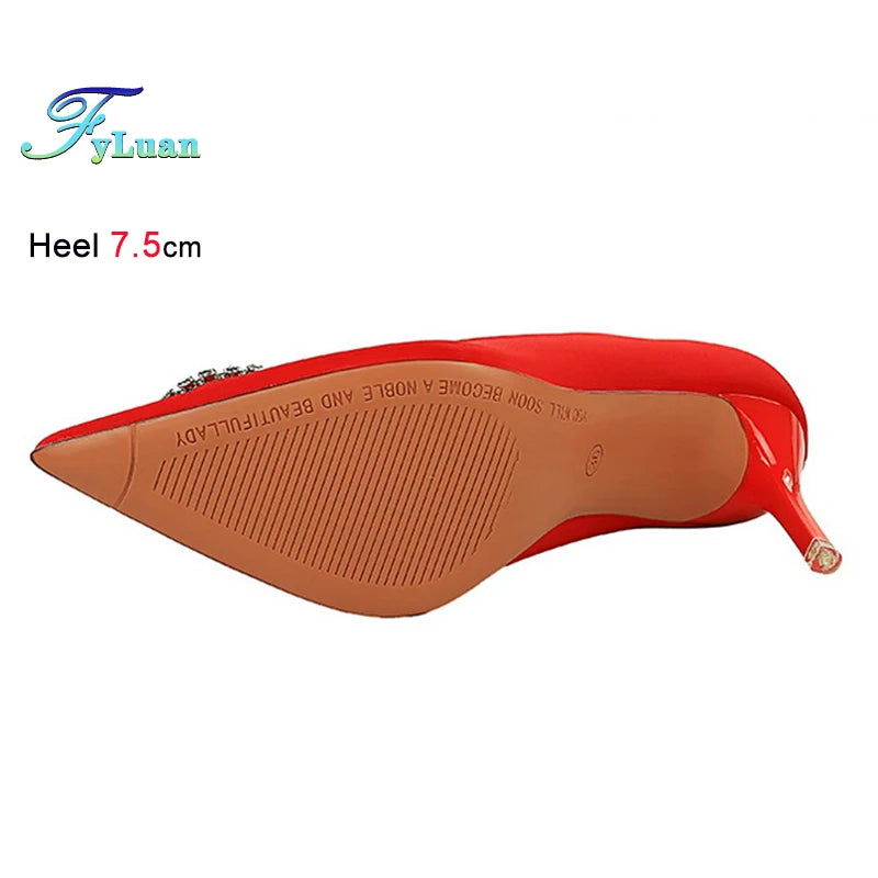 2025 New Shallow Mouth Women's Pumps Fashion Satin Rhinestone Round Buckle Stiletto Solid Color Pointed Sexy Ladies Single Shoes
