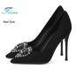 Black Velvet Womens High Heels Elegant Stiletto Pointed Toe Cover Heel Round Flower Pumps Rhinestone Satin Spring Autumn Shoes