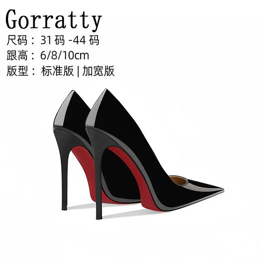 Hot selling patent leather black thin heel pointed super high heels for women, professional and sexy 12cm single shoe large size