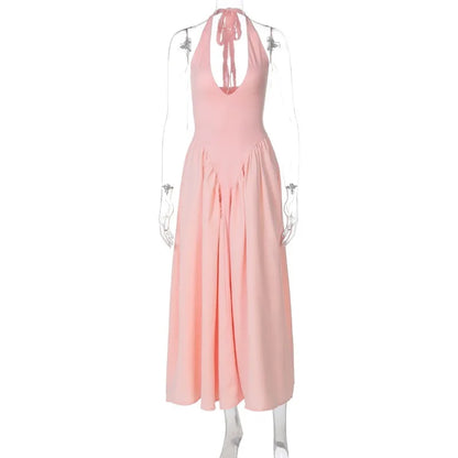 Talenza Backless Deep V Spliced Long Dress Summer Women's Sexy Party Dress Halter New Fashion Slim White Sleeveless Long Dress
