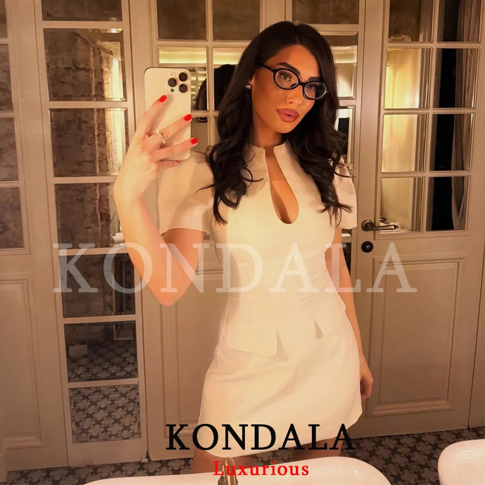 KONDALA Elegant Holiday Chic Women Mini Dress Black O-Neck Zipper Short Puff Sleeve Dress Fashion 2026 Spring Summer Party Dress - Prolificstore