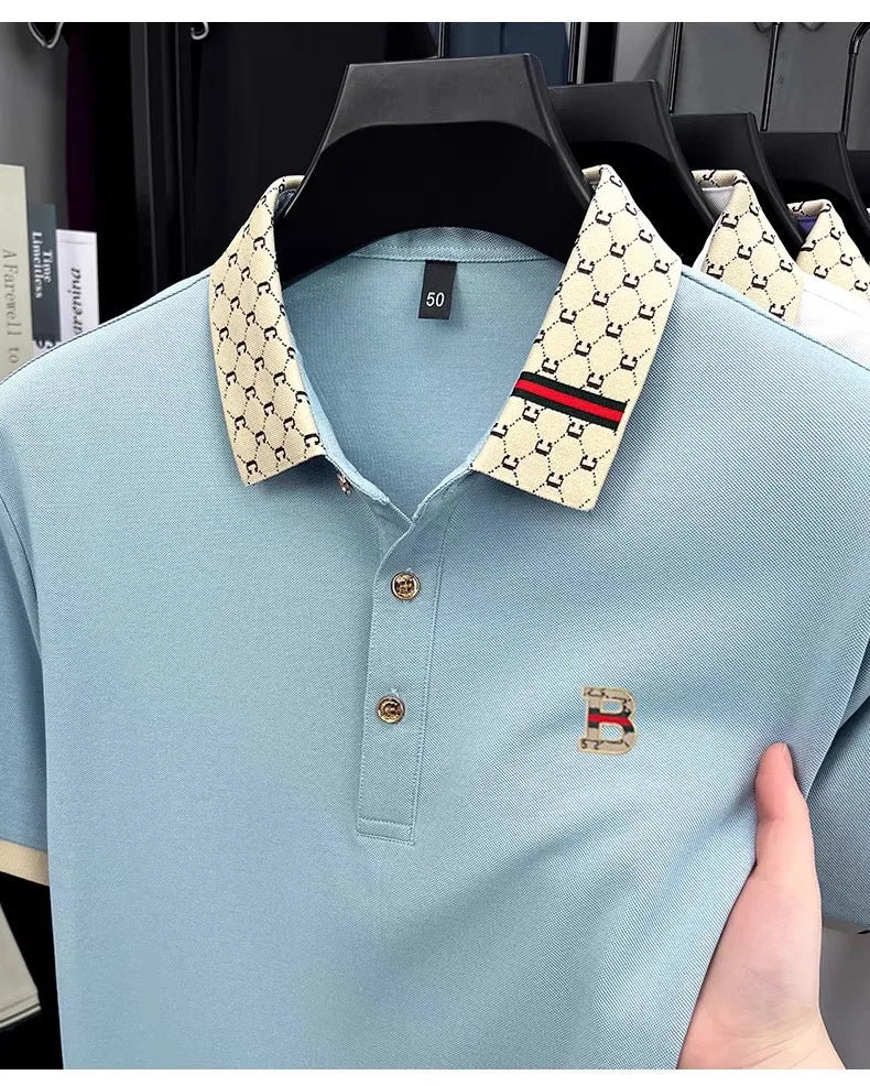 Luxury brand B letter embossed short sleeve polo shirt men summer lightweight breathable new fashion color blocked lapel T-shirt - Prolificstore