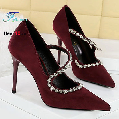 Gorgeous Women's Pumps Rhinestone Chain One Word Strap Design Fashion  Angola Red 10cm High Heels Ladies Nightclub Single Shoes - Prolificstore