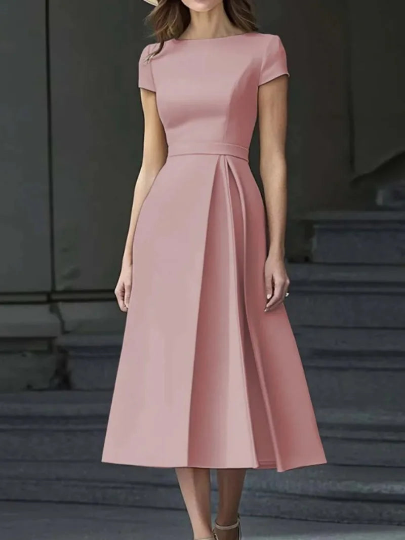 Formal Pleated Dresses Woman 2026 Spring Summer Apricot Short Sleeve High Waist Bridal Guest Elegant Long Dress 197365 - Prolificstore