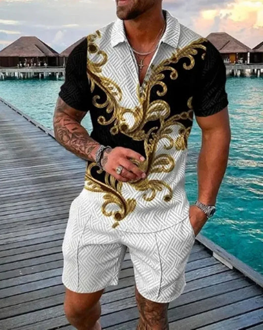 Summer New Men's 3D Printing Short Sleeve Zipper Polo Shirt Shorts Set  Men Casual  2-piece Vacation Beach Set