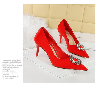 2025 New Shallow Mouth Women's Pumps Fashion Satin Rhinestone Round Buckle Stiletto Solid Color Pointed Sexy Ladies Single Shoes