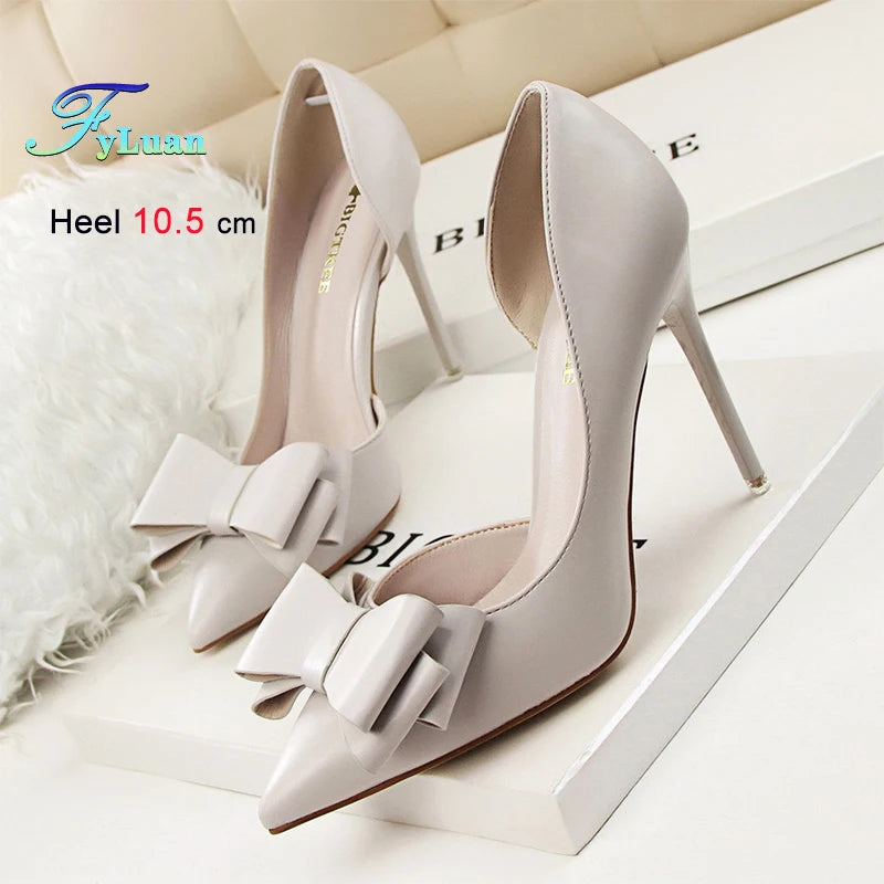 2025 High Heels 10.5cm Women's Shoes Side Hollowed Out Slim Heels Shallow Mouth Lady Pumps Butterfly-Knot Stiletto Banquet Shoes