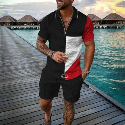 Summer New Men's 3D Printing Short Sleeve Zipper Polo Shirt Shorts Set  Men Casual  2-piece Vacation Beach Set - Prolificstore