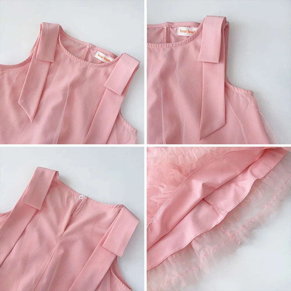 Bear Leader 2025 Korean Version Bow Sleeveless Mesh Wedding Party Birthday Dress Baby Girl Easter Summer Princess Dresses