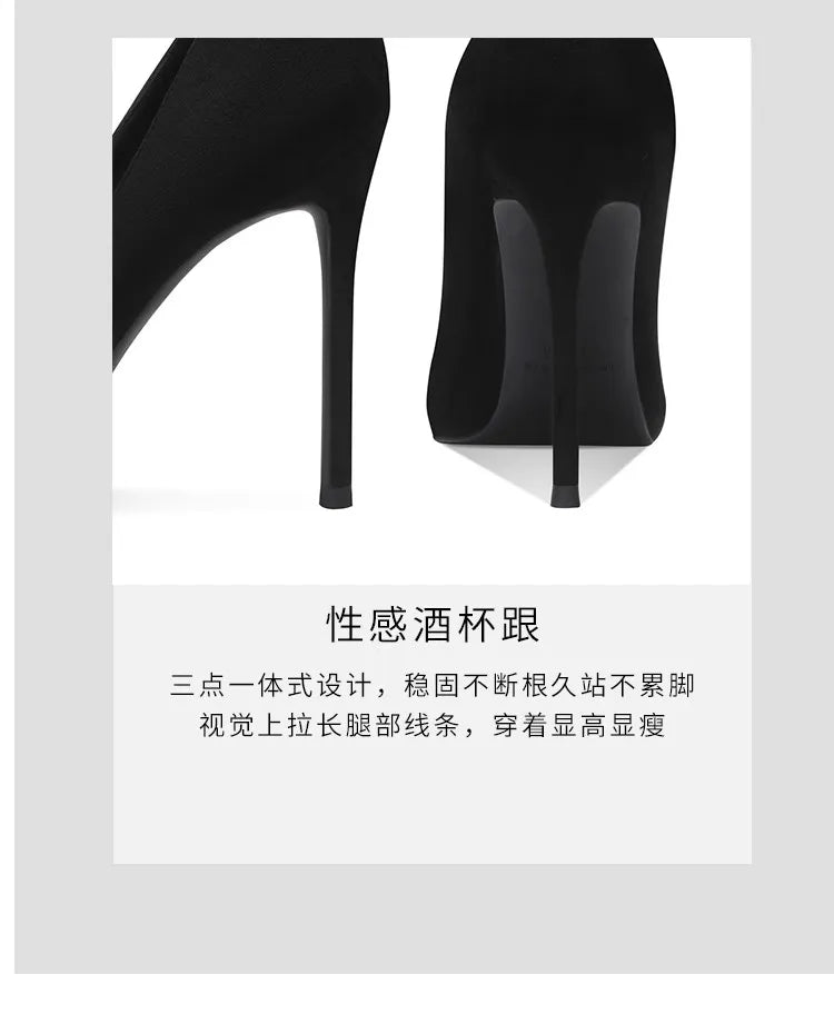 Black Velvet Womens High Heels Elegant Stiletto Pointed Toe Cover Heel Round Flower Pumps Rhinestone Satin Spring Autumn Shoes