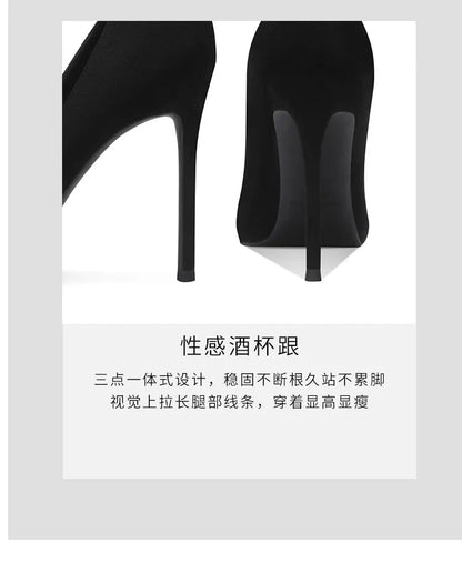 Black Velvet Womens High Heels Elegant Stiletto Pointed Toe Cover Heel Round Flower Pumps Rhinestone Satin Spring Autumn Shoes