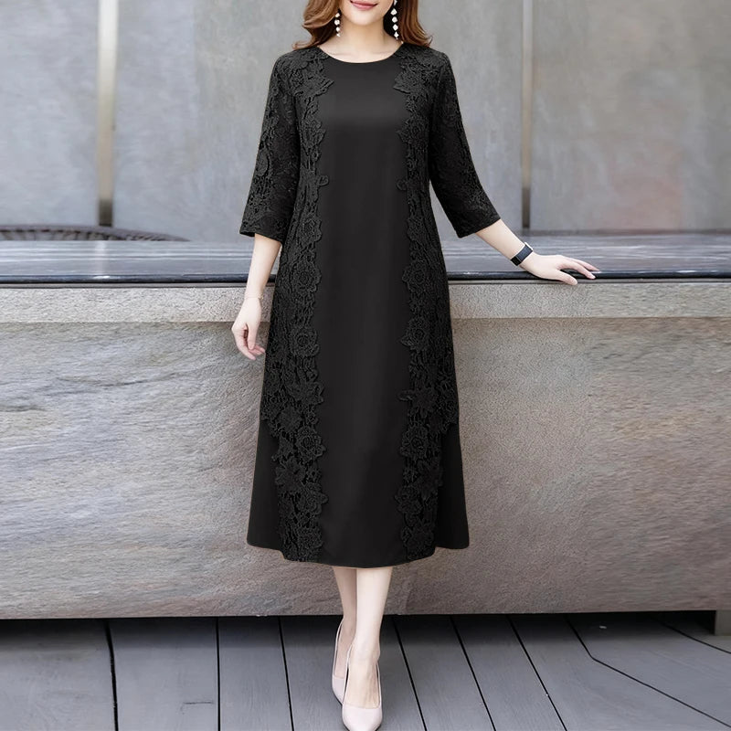 ZANZEA Women Stylish Lace Patchwork Dresses 2025 Autumn 3/4 Sleeve Office Sundress Embroidered Midi Robe Elegant Party Dress - Prolificstore