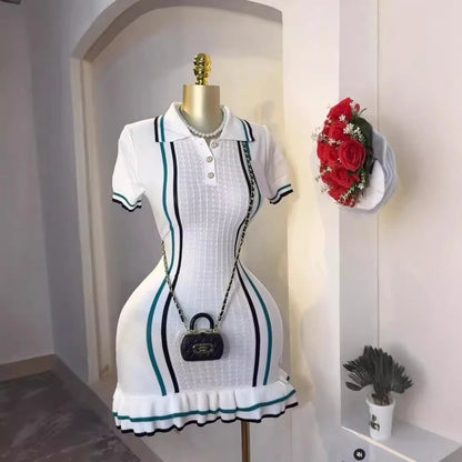 YuooMuoo Chic Fashion Sexy Package Hips Knitted Mini Dress 2026 Summer Vintage Turn-down Collar Ruffled Party Dress Streetrwear - Prolificstore