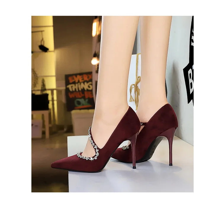 Gorgeous Women's Pumps Rhinestone Chain One Word Strap Design Fashion  Angola Red 10cm High Heels Ladies Nightclub Single Shoes - Prolificstore