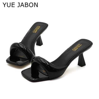 Black Red High Heel Slippers Women Open Toe Slingback Sandals Female Pumps Square Toe Summer Simple Designer Heeled Sandals - Prolificstore