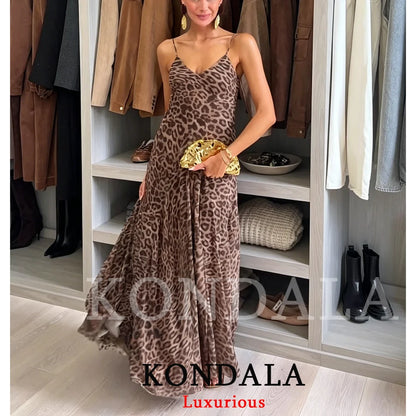 KONDALA Vintage Sexy Women Long Cami Chiffon Dress Leopard Beach Holiday Party Dress Fashion 2026 Spring Summer Elegant Dress - Prolificstore