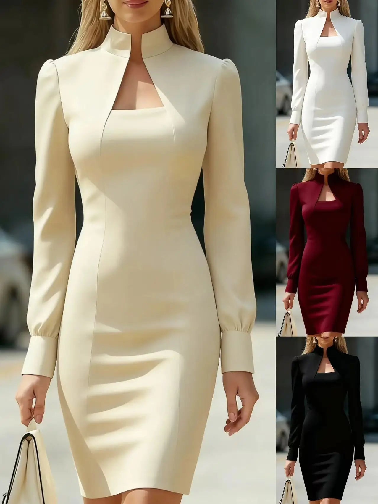 Elegant Long Sleeve Bodycon Dress Chic Fall/Winter Office & Party Midi Dress for Women - Prolificstore
