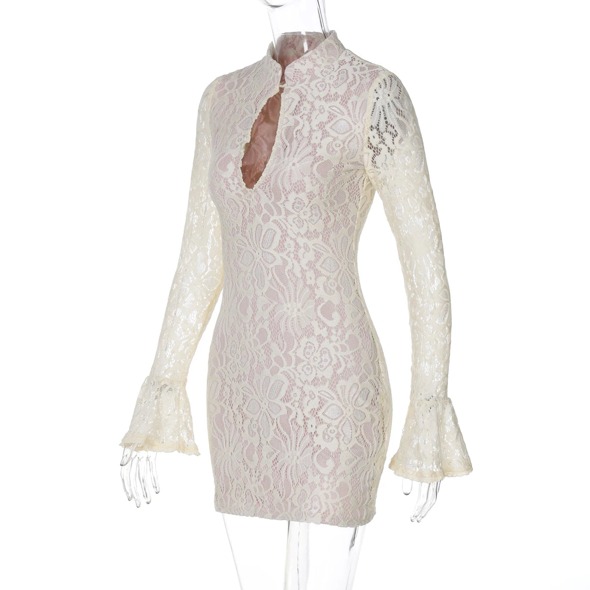 Hugcitar Turtleneck Long Flare Sleeve Patchwork Lace Hollow Out Button Sexy Mini Dress 2025 Spring Women Clothes Party Nightclub - Prolificstore