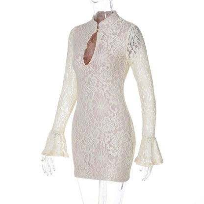 Hugcitar Turtleneck Long Flare Sleeve Patchwork Lace Hollow Out Button Sexy Mini Dress 2025 Spring Women Clothes Party Nightclub - Prolificstore